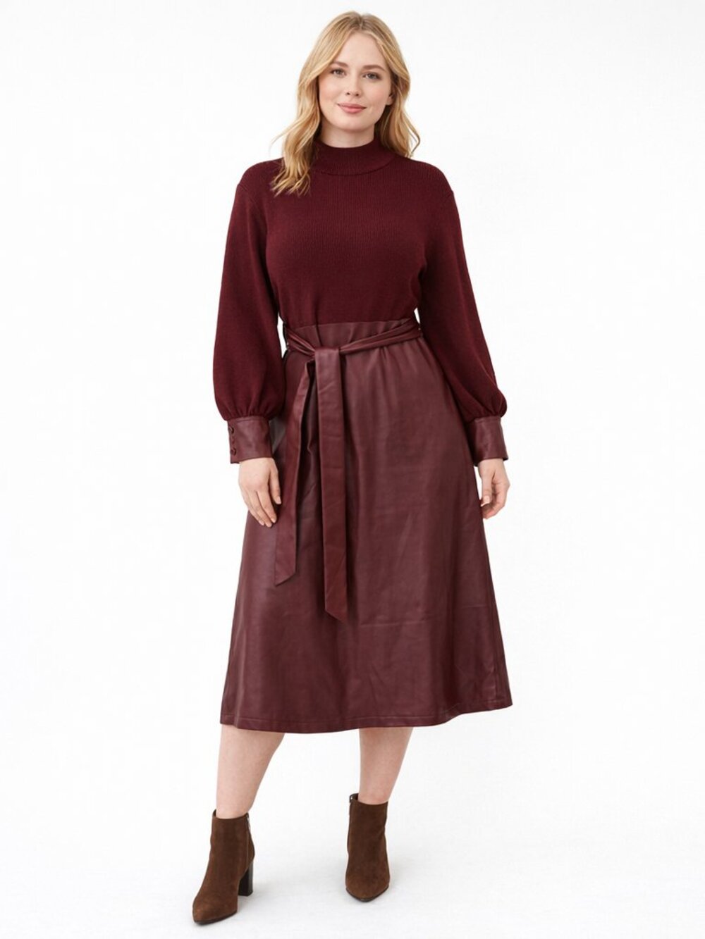 Ashro Knit and Faux Leather A-line Dress Size 16 Belted, button cuffs